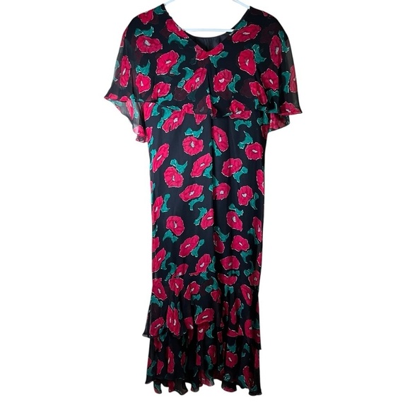 Vintage JOANIE CHAR 100% Silk Ruffled Floral Dress Red Black Chiffon Maxi Size 6 - Picture 6 of 9